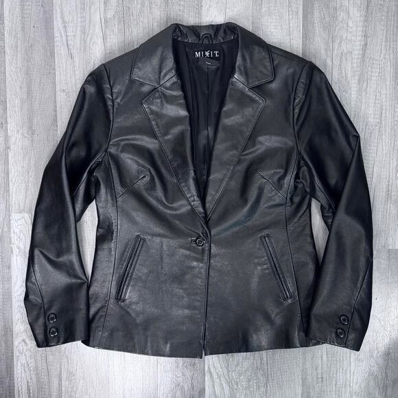Vintage Y2K Leather Blazer Jacket V-Neck Black One Button Medium - Picture 2 of 8